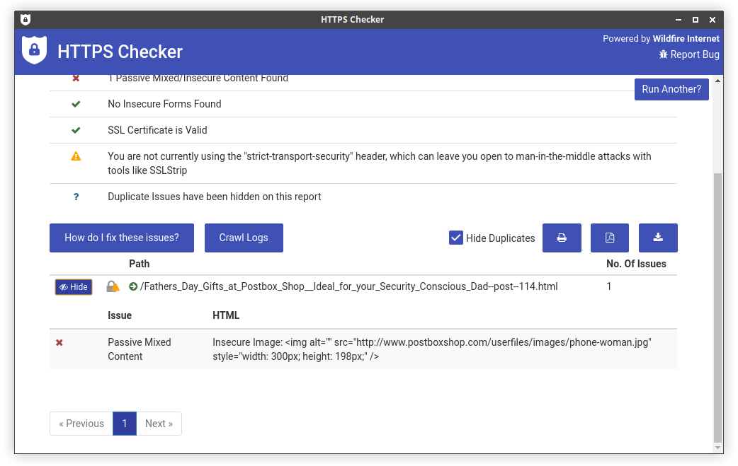 HTTPS Mixed Content Checker - Details Screen