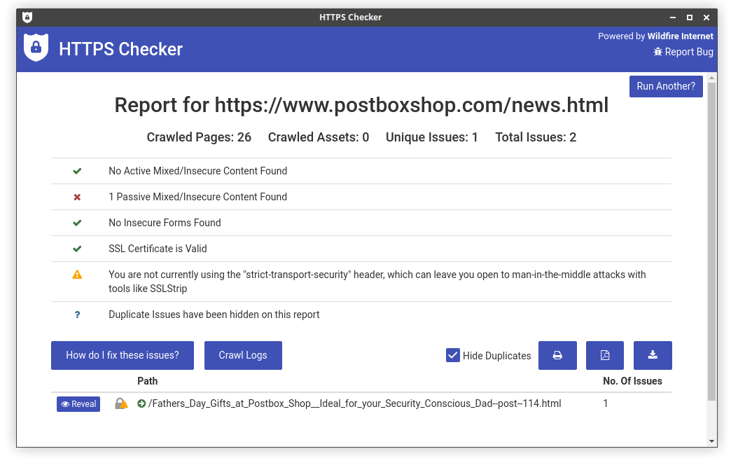 HTTPS Mixed Content Checker - Report Screen